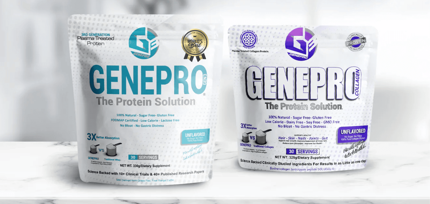GenePro Gen3 and Collagen protein pouches side by side on a marble counter