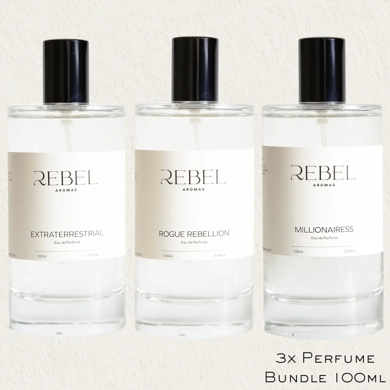 Three Rebel Aromas 100ml eau de parfum bottles, the perfume bundle from their store
