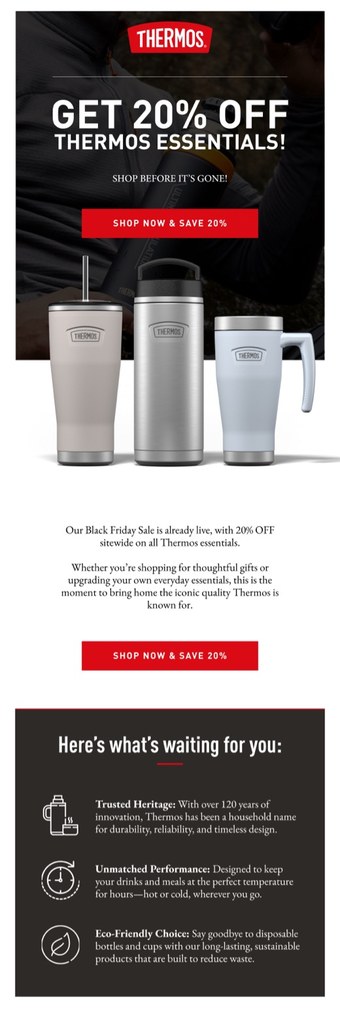 A Thermos essentials campaign email designed by Engage Commerce