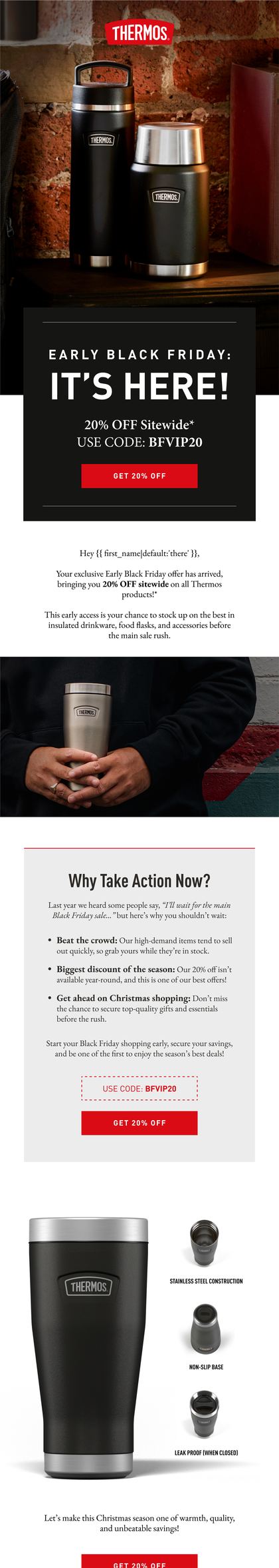 Thermos Early Black Friday email: black and stainless flasks on a brick ledge over a 20% off sitewide offer panel